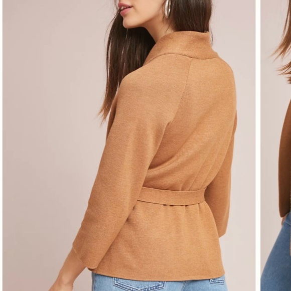 Anthropologie Moth Rizzo Belted Camel Wrap Cardigan S Sweater Tan Brown Office - Picture 3 of 13